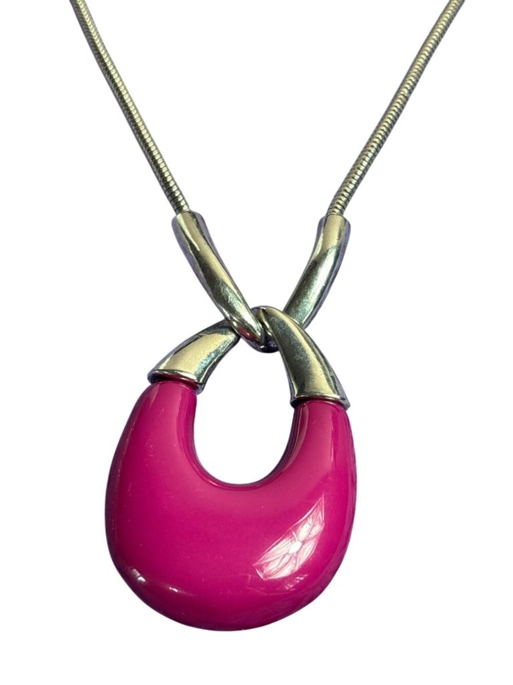 Fuchsia Plastic Silvertone Metal Pendant Necklace Serpentine Chain 20-23 inches